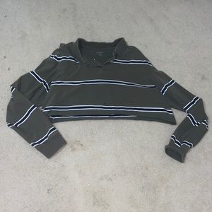 Vintage, Green, striped, collared, cropped, long sleeve shirt